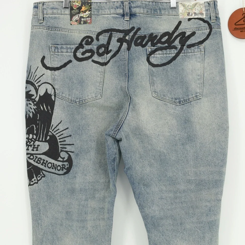 Ed Hardy Jeans Death Before Tattoo Distressed Graphic Denim Slim Fit Size 42‎